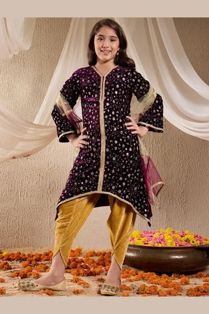 pspeaches Girls Floral Embroidered Velvet Kurta with Dhoti Pants & Dupatta