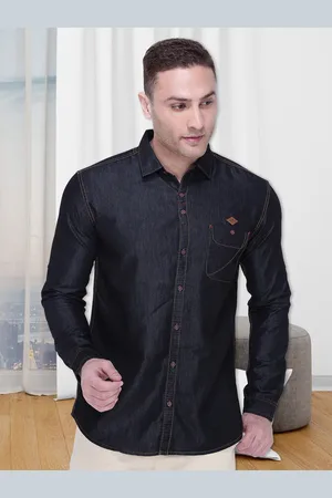 Kuons Avenue Men Black Slim Fit Solid Cotton Denim Casual Shirt