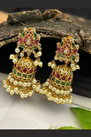 GRIIHAM Gold-Plated Dome Shaped American Diamond Temple design Jhumkas