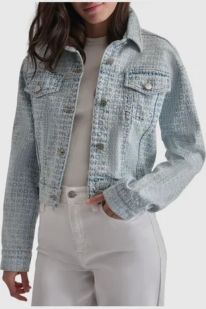 DKNY Women Washed Crop Denim Jacket with Patchwork