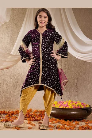 pspeaches Girls Floral Embroidered Velvet Kurta with Dhoti Pants & Dupatta