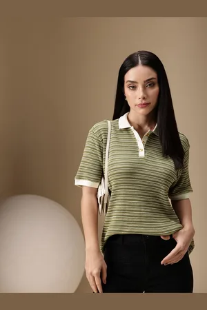 Chemistry Striped Polo Collar Drop-Shoulder Sleeves Relaxed Fit Pure Cotton T-shirt