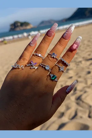 Jewels Galaxy Set Of 8 Sliver Plated Love Theme Crystal Finger Rings