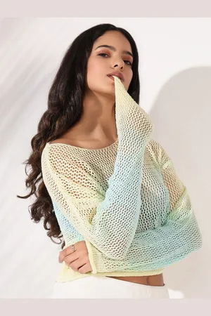 SHOWOFF Women Boat Neck Long Sleeves Sheer Boxy Crop Top