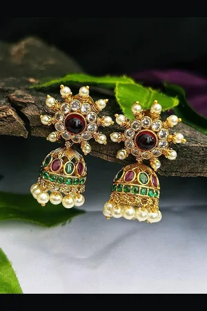 GRIIHAM Gold-plated Dome Shaped American Diamond Temple Jhumkas