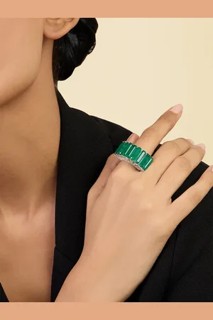 ISHARYA Rhodium-Plated Cubic Zirconia Stone Studded Baguette Finger Ring