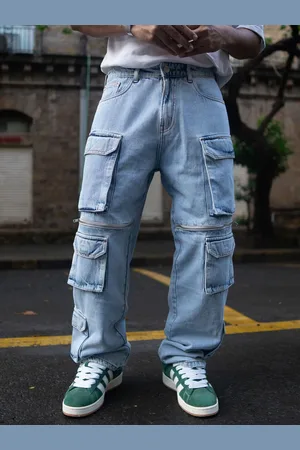 Powerlook Men Relaxed Baggy Fit Mildly Distressed Light Fade Cotton Jeans