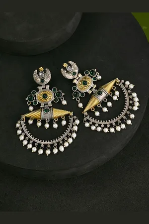 ATIBELLE Silver-Plated German Silver Contemporary Stone Studded & Beaded Chandbalis