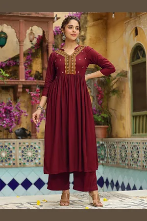 Janasya Floral Embroidered V-Neck Anarkali Kurta with Palazzo
