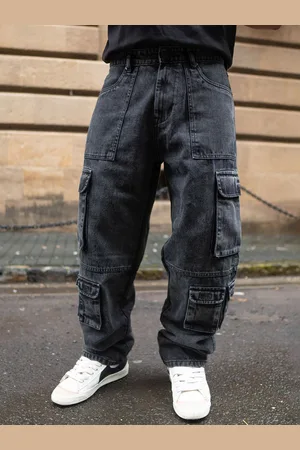 Powerlook Men Loose Fit Cargos Charcoal Black Multi Pockets Baggy Fit Denim Jeans