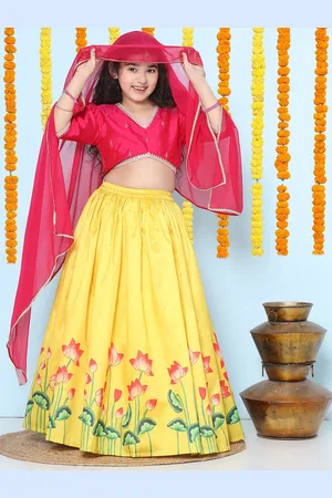 Bhama Girls Embroidered V-Neck Ready to Wear Lehenga & Blouse With Dupatta