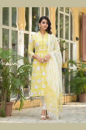 Divena World Floral Printed Regular Pure Cotton Straight Kurta with Trousers & Dupatta