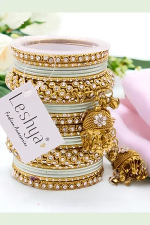 Leshya Set Of 26 Stones Studded Jhumki Bangles