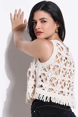 SHOWOFF Women Self Design Sleeveless Crochet Crop Top
