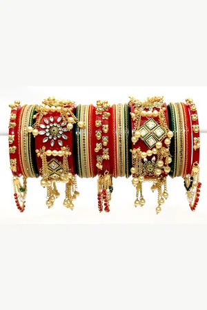 Align Set Of 2 Gold-Plated Stone-Studded & Beaded Chuda Bangles