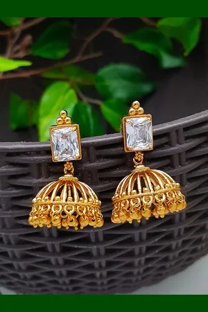 GRIIHAM Gold-Plated Dome Shaped American Diamond Antique Jhumkas