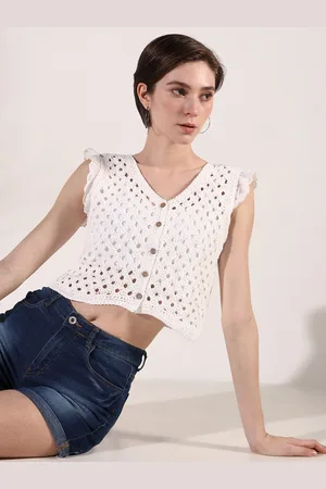 SHOWOFF Women Flutter Sleeve Crochet Crop Top