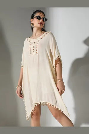 SHOWOFF Women Cotton Kaftan Extended Sleeves Dress with Crochet & Pom-Pom Detail