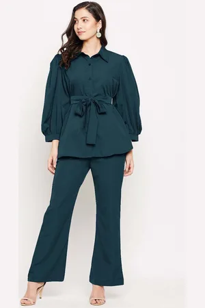 DressBerry Green Long Puff Sleeves Shirt With Trousers