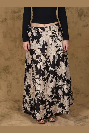 Exotic India Printed Pure Cotton Wrap Maxi Skirt