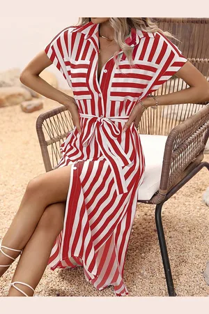 LULU & SKY Women Striped Shirt Collar Shirt Midi Dress