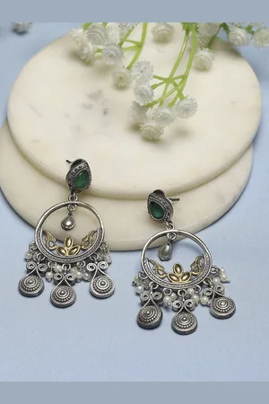 Biba Silver-Plated Contemporary Stone Studded & Beaded Oxidised Drop Earrings