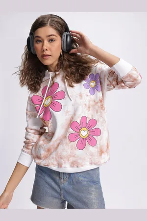 DressBerry Color Carnival Floral Printed Drop-Shoulder Sleeves Hooded Sweatshirt