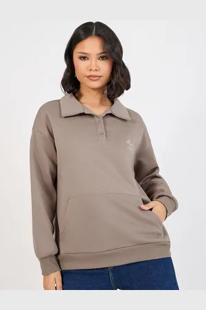 Styli Beige Polo Collar Long Sleeves Oversized Embroidered Regular Length Sweatshirt