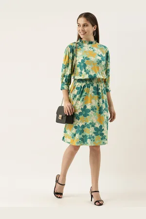 all about you Green & Yellow Floral Printed A-Line Dress