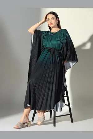 SHOWOFF Women Ombre Dyed Round Neck Accordion Pleats Kaftan Midi Dress