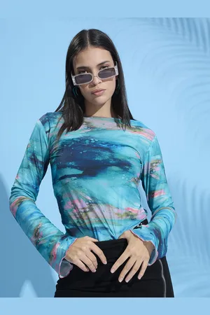 HERE&NOW Women Tie and Dye Printed Flared Sleeve Net Top