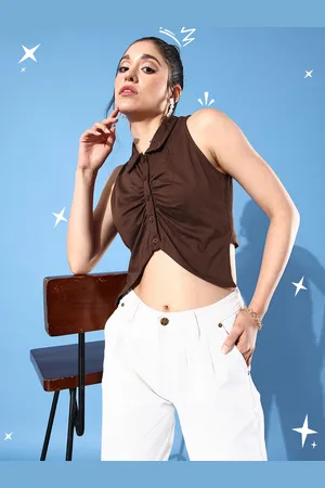 DressBerry Chocolate Brown Pure Cotton Ruched Take The Vest Shirt Style Crop Top