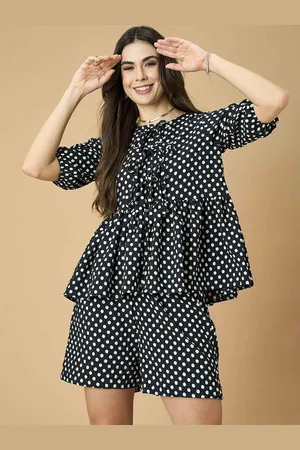 DressBerry Black and White Polka Dots Printed Round Neck Top & Shorts