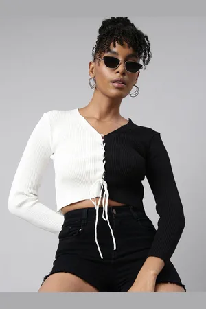 SHOWOFF Women Colourblocked Monochrome Crop Top