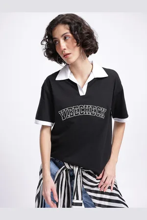DressBerry Monochrome Vibe Embroidered Drop-Shoulder Polo T-shirt