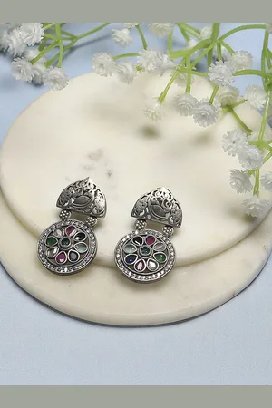 Biba Silver-Plated Contemporary Stone Studded & Beaded Drop Earrings