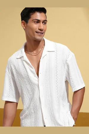 LocoMotive Luxe Men White Knitted Jacquard Cuban Collar Oversized Shirt