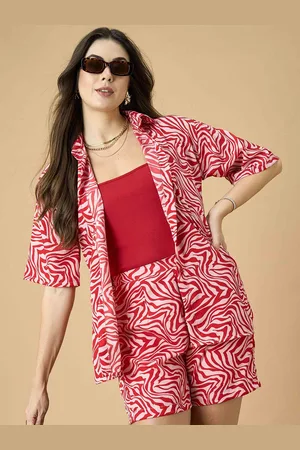 DressBerry Red Printed Shirt Collar Short Sleeves Shirt With Shorts