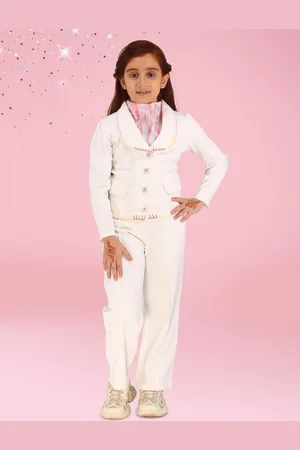 CUTECUMBER Girls Lapel Collar Coat With Trousers & Printed Inner