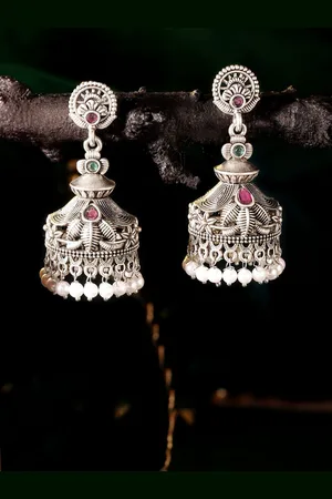 Priyaasi Silver-Plated Oxidized Stone Studded & Beaded Dome Shaped Jhumkas