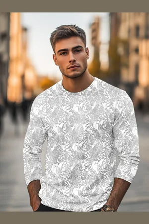URBANO Men White Grey Printed Slim Fit Training or Gym Pure Cotton T-shirt