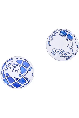 Bodha Rhodium-Plated & Blue Round Globe-Shaped Cufflinks