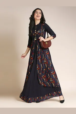 MADHURAM Navy Blue & Rust Geometric Printed Layered Ethnic Gown Maxi Dress