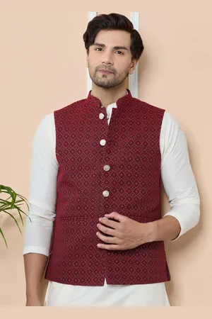 See Designs Woven Mandarin Collar Neck Design Nehru Jacket