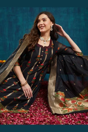 RAJGRANTH Floral Woven Design Regular Chanderi Silk Straight Kurta With Trouser & Dupatta