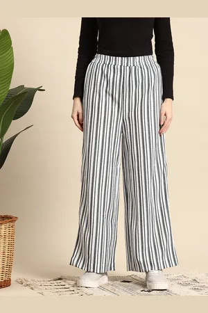 Mast & Harbour Women Self-Striped Embroidered Detail Flared Trousers