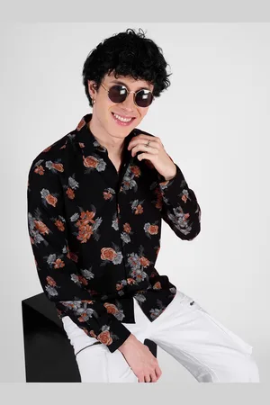 IVOC Men Classic Spread Collar Floral Printed Cotton Casual Shirt