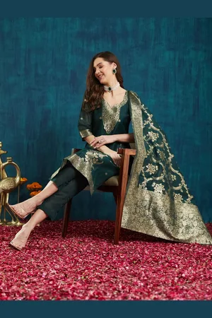 RAJGRANTH Floral Woven Design Regular Chanderi Silk Straight Kurta With Trouser & Dupatta