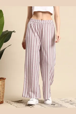 Mast & Harbour Women Self-Striped Embroidered Detail Flared Trousers