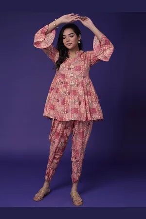 ZARI Geometric Printed Mandarin Collar Anarkali Kurti With Dhoti Pants